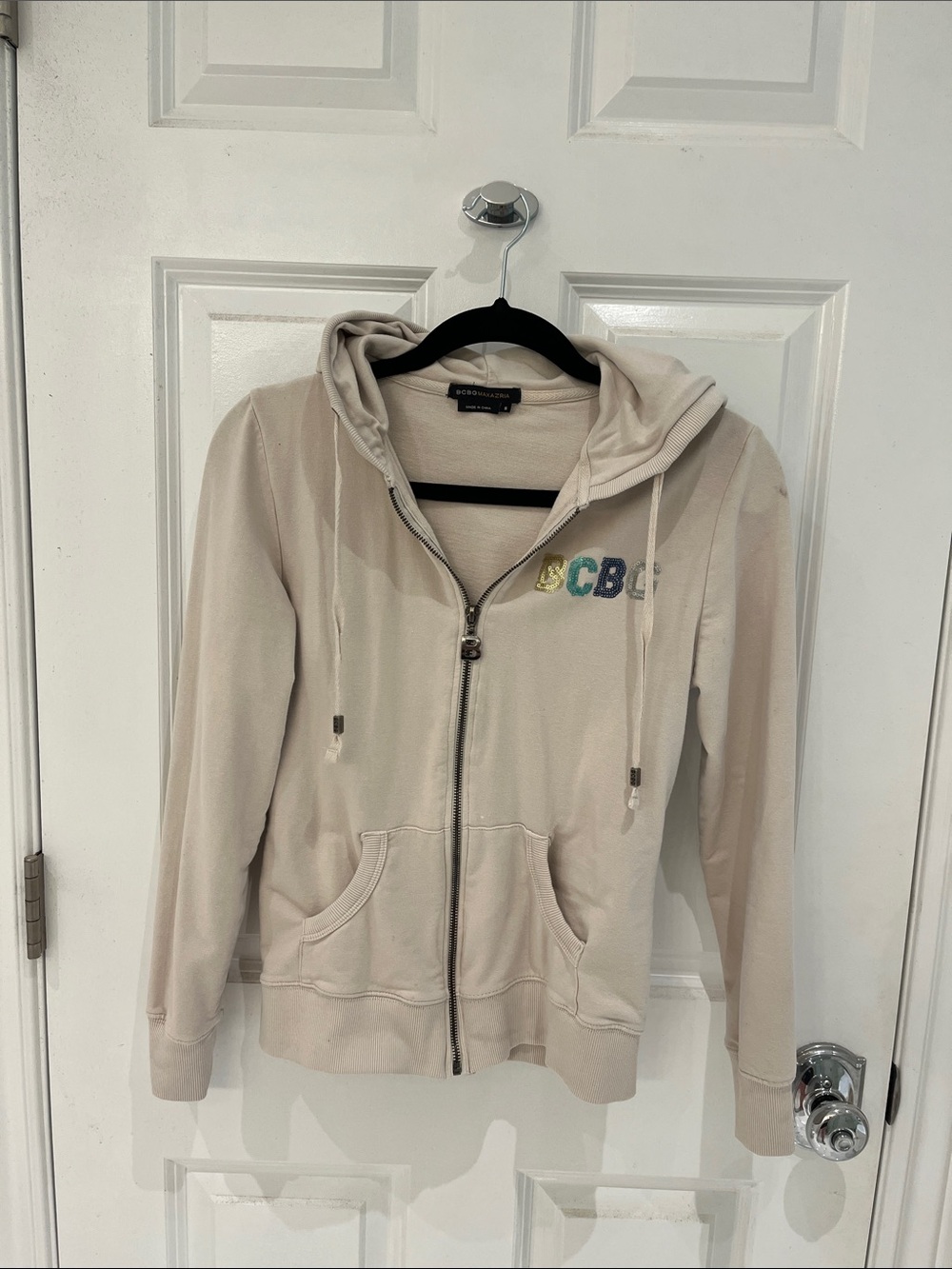 BCBGMaxAzria Cream Zip Hoodie with Multicolor Logo